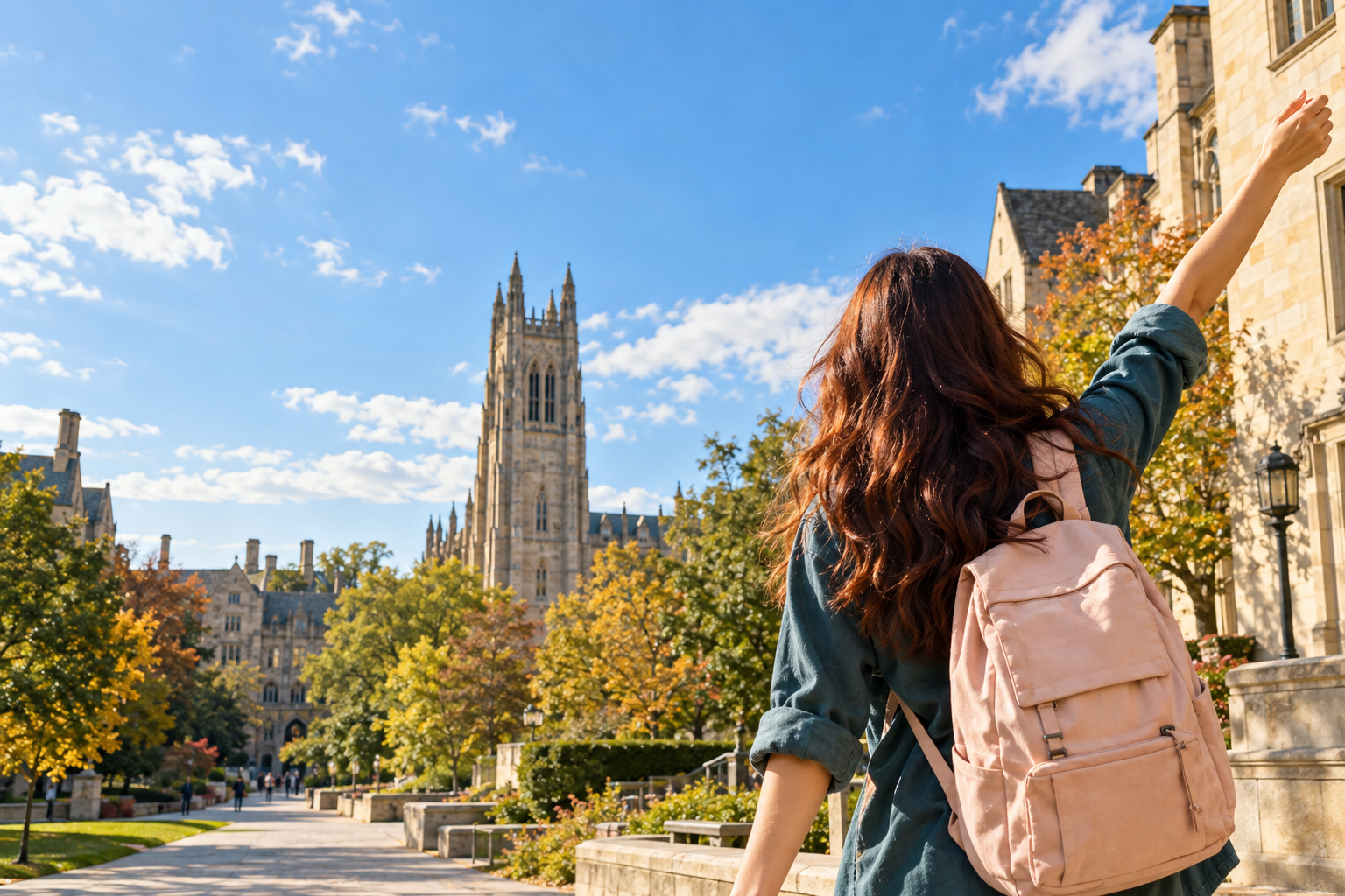 An international student looking ahead on a sunlit university campus