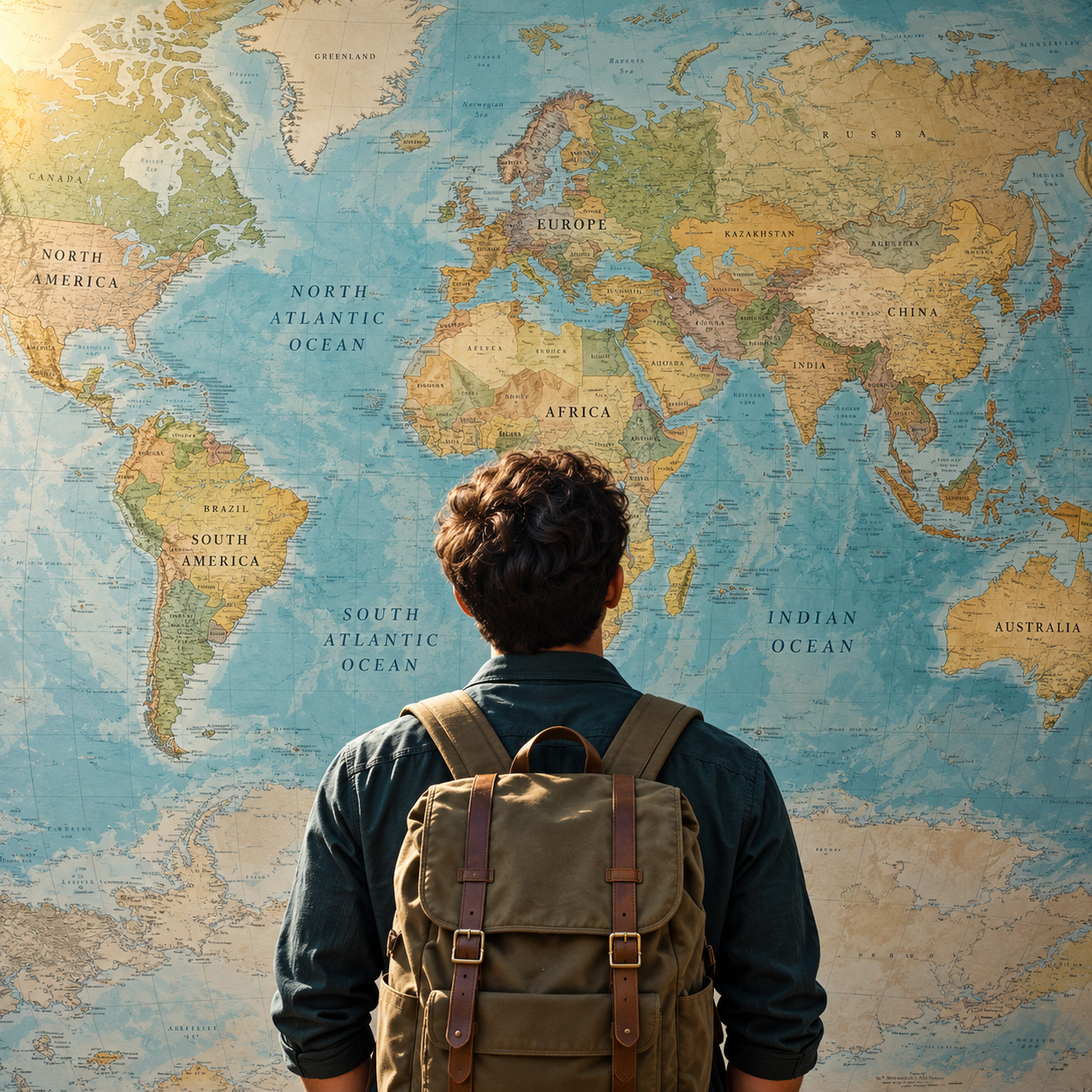 A student with a backpack studying a sunlit world map, imagining a future studying abroad