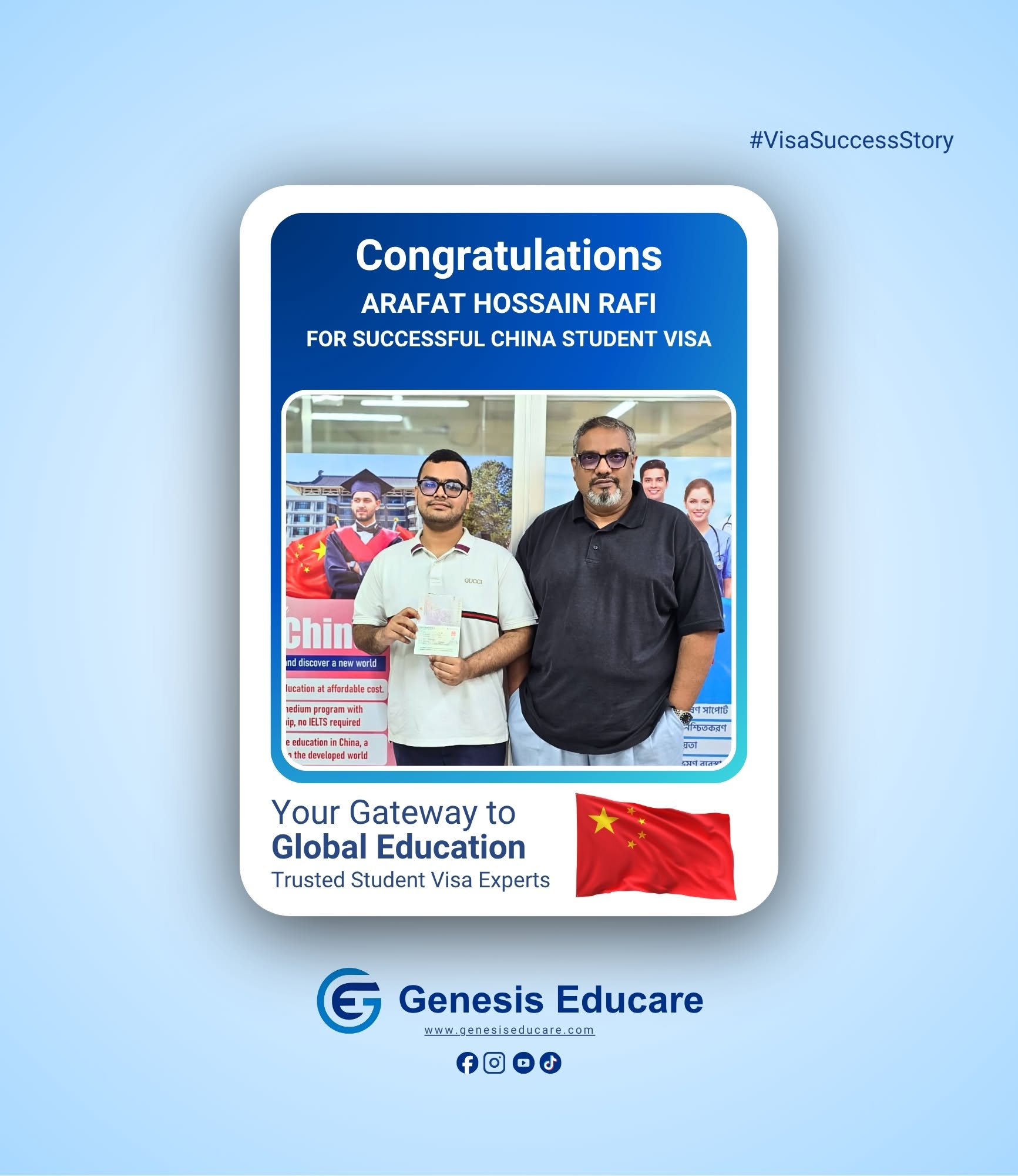 Genesis Educare congratulates Arafat Hossain Rafi on a successful China student visa