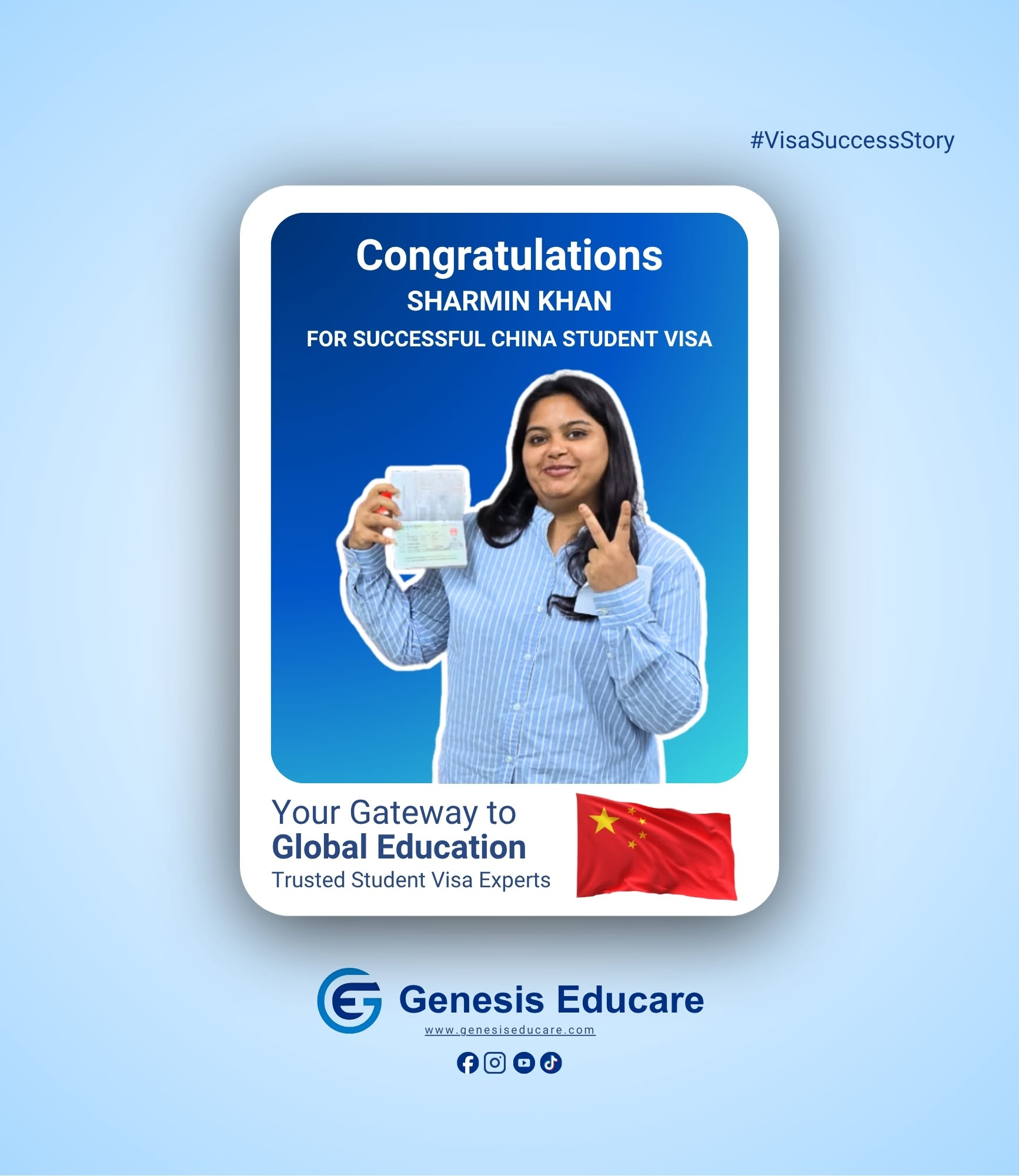 Genesis Educare congratulates Sharmin Khan on a successful China student visa